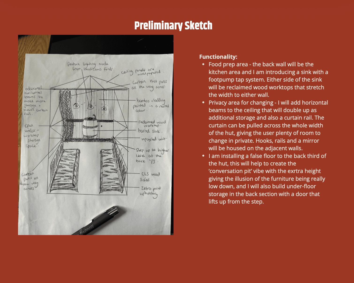 A photograph of a preliminary design sketch and accompanying text.